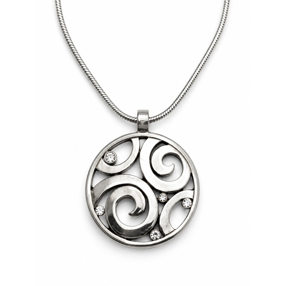 Brighton Signed Silver Tone Swirl Pendant Necklace Snake Chain Crystal Accents
